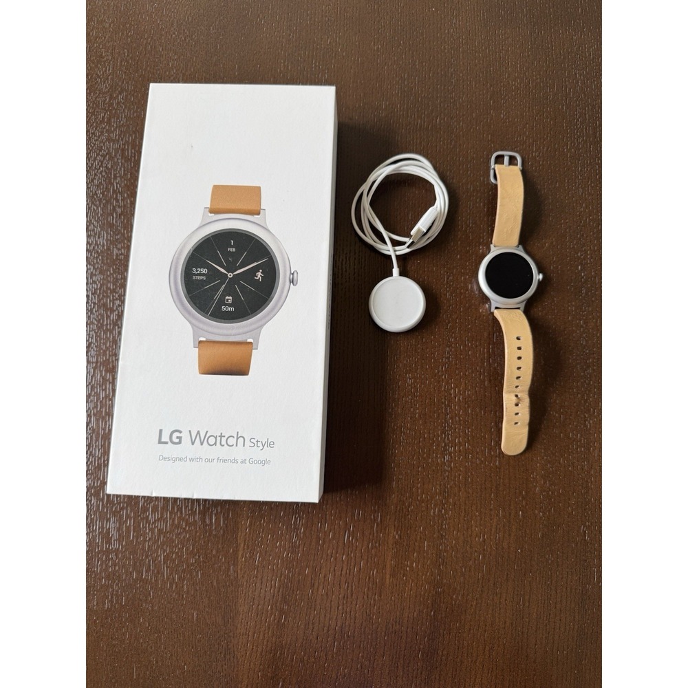 LG Watch Style W270 Smartwatch 42mm Silver Tan Leather Band Box Korea